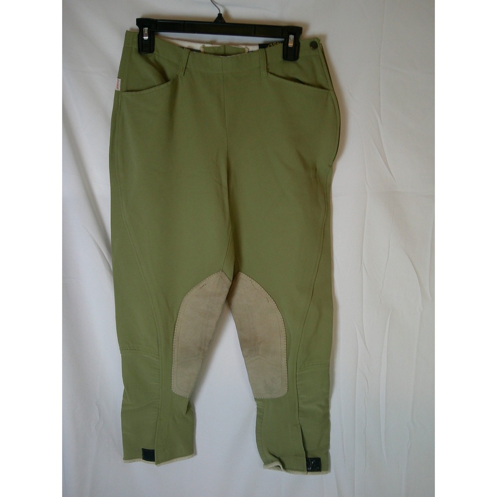 Pytchley Women's Riding Breeches Green Tan‎ Knee Patch Size 30x24